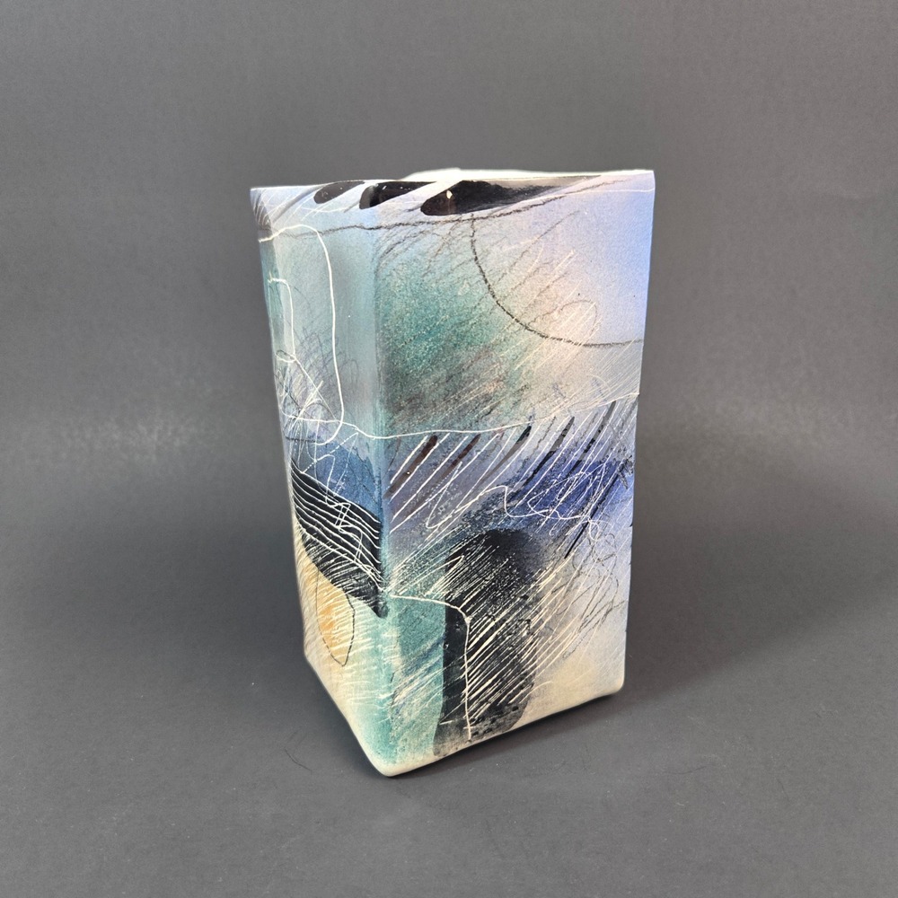 Abstract Studio Pottery Square Vase Signed Artisan Ceramic Slab Built Blue Teal